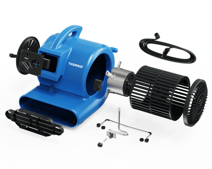 Thorair blue air blower with detachable fan, motor, and power cord components shown on black background