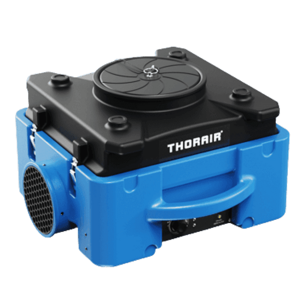 Thorair air scrubber with blue body and black top for industrial air filtration and clean air output